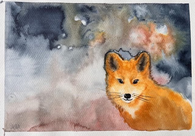 Akvarell med rävunge i varmt orange mot gråblå och rosa laveringar
