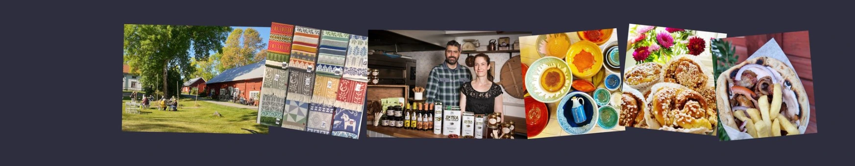 Collage: kafégäster på Vallhovs Säteri i Jumkil, textilier, grekiska delikatesser, keramik, bullar och gyros