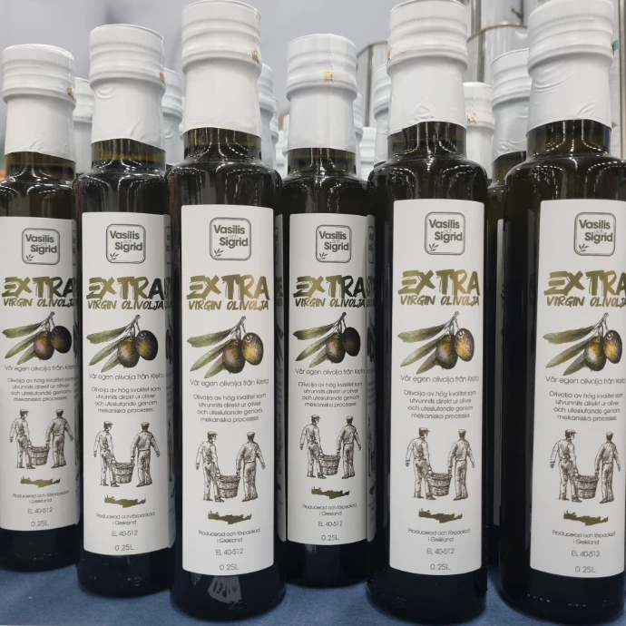 Mörka glasflaskor 0,25 liter med Vasilis och Sigrid Extra Virgin Olivolja från Kreta